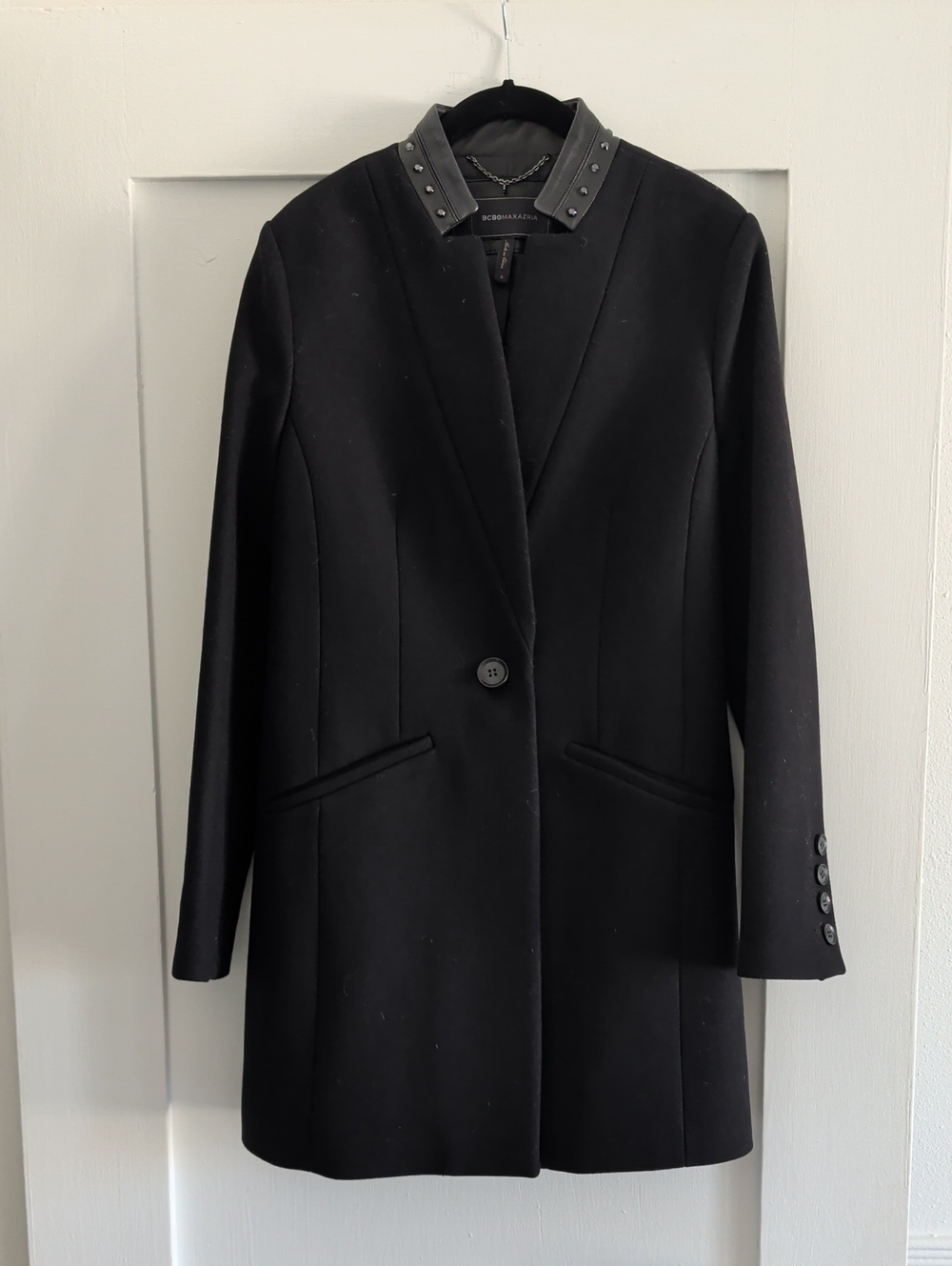 BCBGMaxAzria Black Single-Button Stud Collar Coat